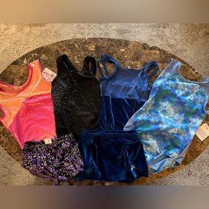 GYMNASTICS 6 piece set! Girls XL size 14! 2 More than Magic new leotards, + more